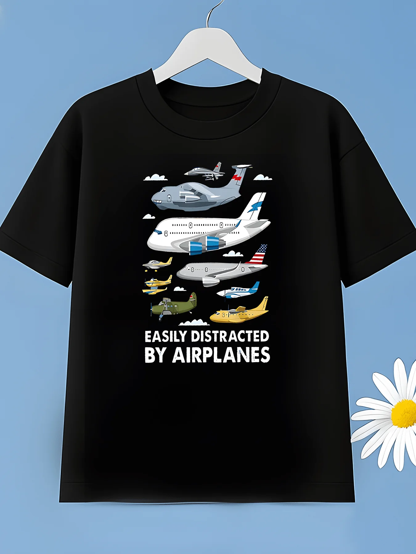 Children's Round Neck T-shirt with Fun Airplane Letter Design, Fashionable Children's Clothing, Trendy Outdoor Youth Top
