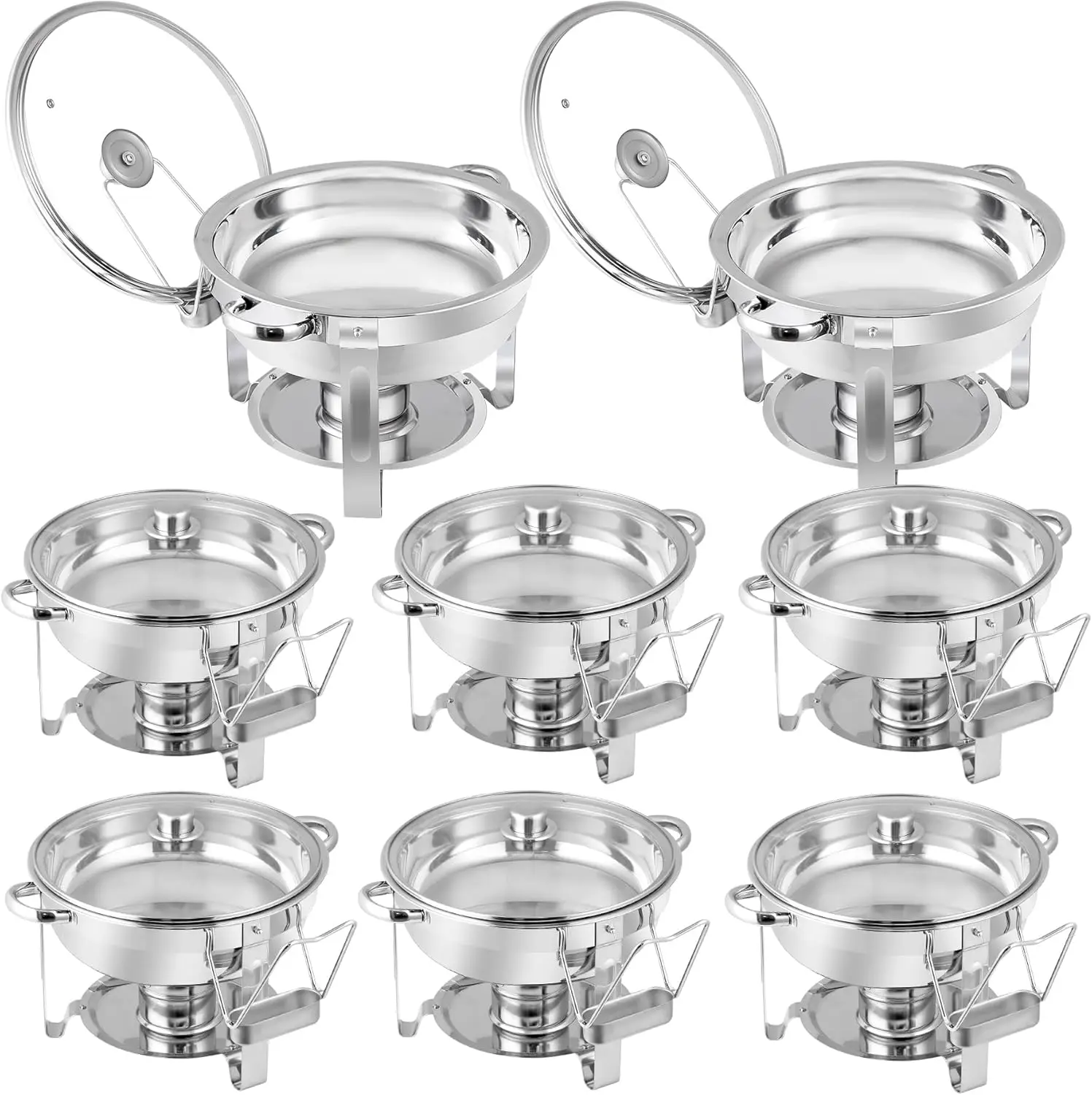 SUPER DEAL 8 Pack Round Chafing Dishes for Buffet Set with Glass Lid, Food and Water Pan, Solid Stand and Fuel Holder