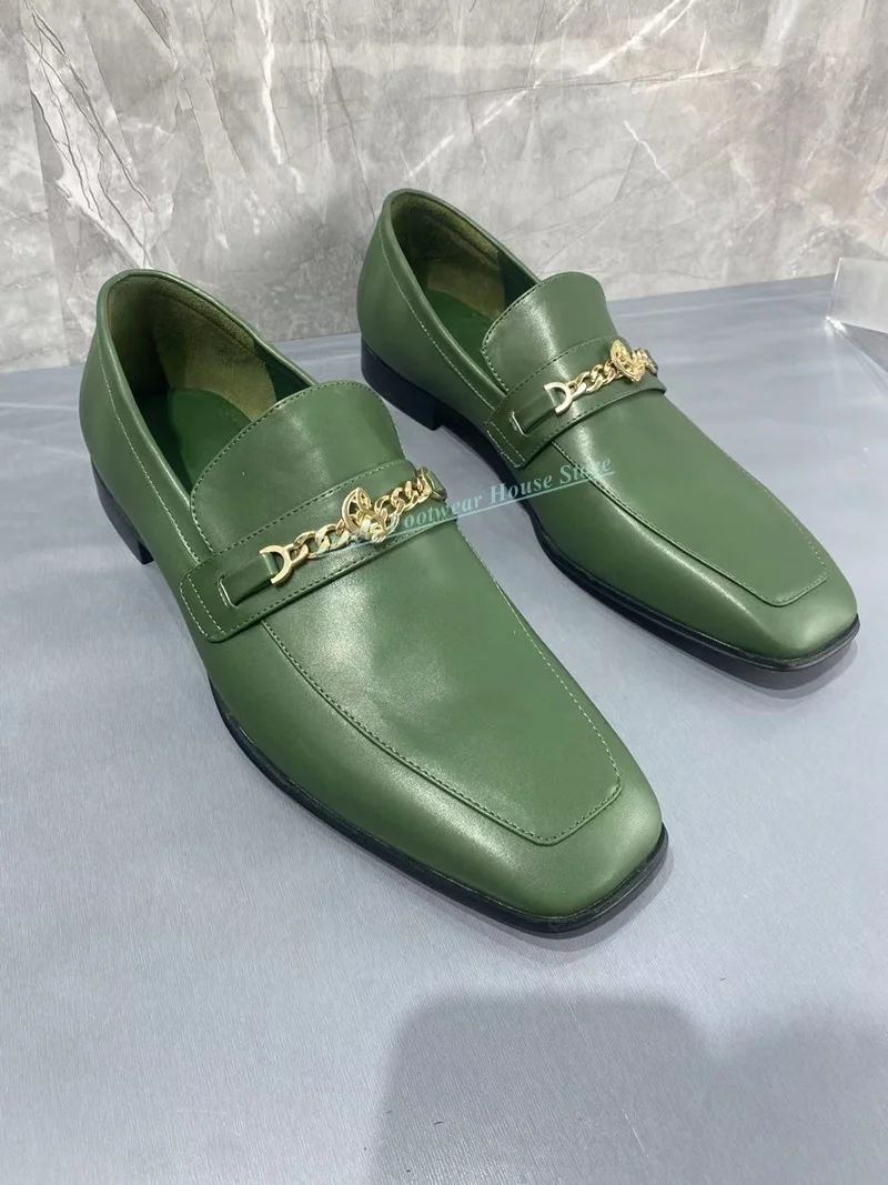 

English Style Men Square Toe Single Loafer Shoes Breathable Genuine Leather Fashion Square Toe Slip On Male Green Formal Shoes