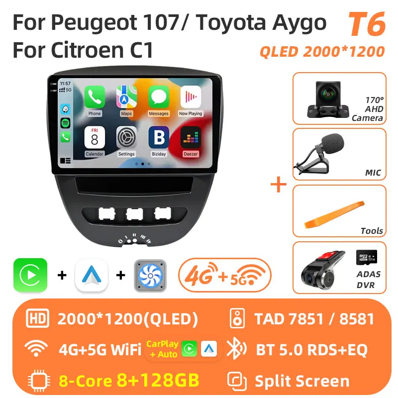 Android 16 2 Din Auto Multimedia Speler Voor Peugeot 107 Toyota Aygo Citroen C1 2005-2014 Head Unit Stereo GPS navigatie BT WIFI