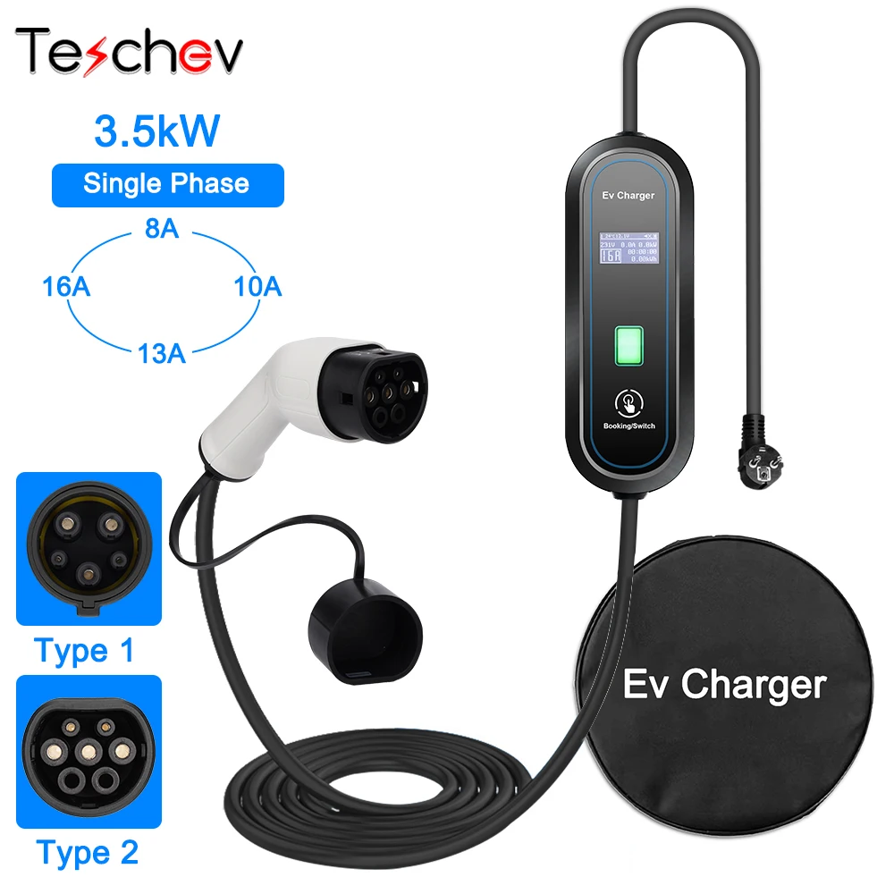 

Teschev 3.5KW 16A EV Portable Charger Type2 EVSE Charging Box GBT Electric Car Charger J1772 Type1 Electric Vehicle Charger