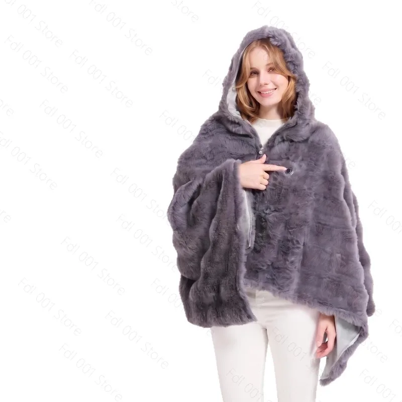 USB Heated Shawl Blanket Faux Rabbit Fur Warm Wearable Heating Throw Cape for Office Home Winter Use