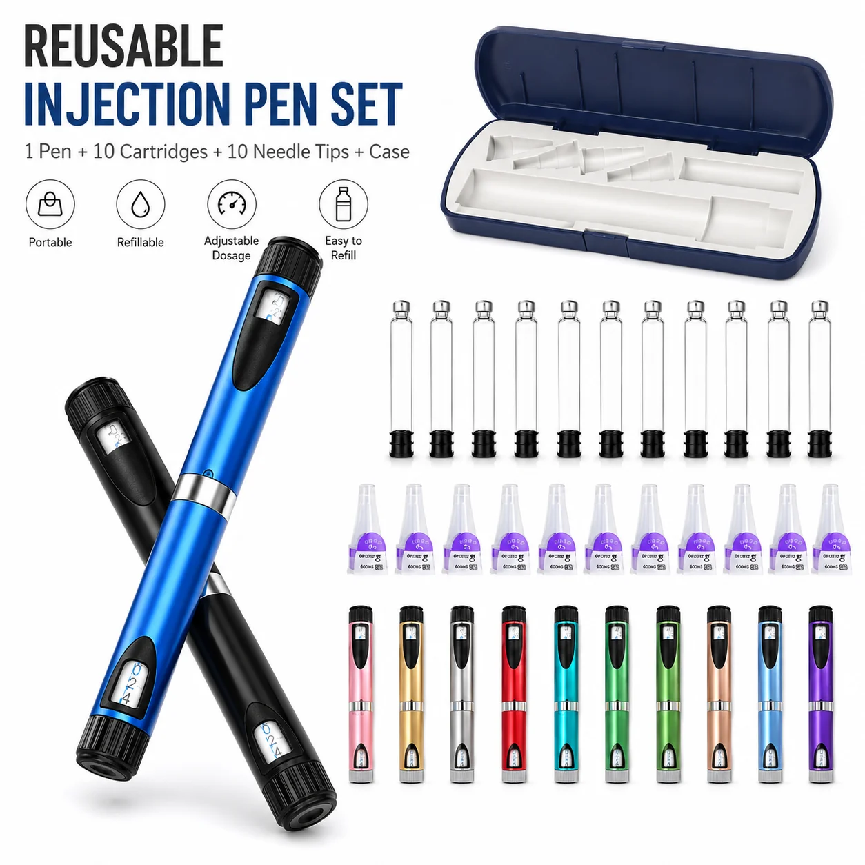 Insulin Injection Pen Individually Wrapped 3Ml Cartridges Portable Pen Injector Adjustable Dose Control Injection Pens with Box