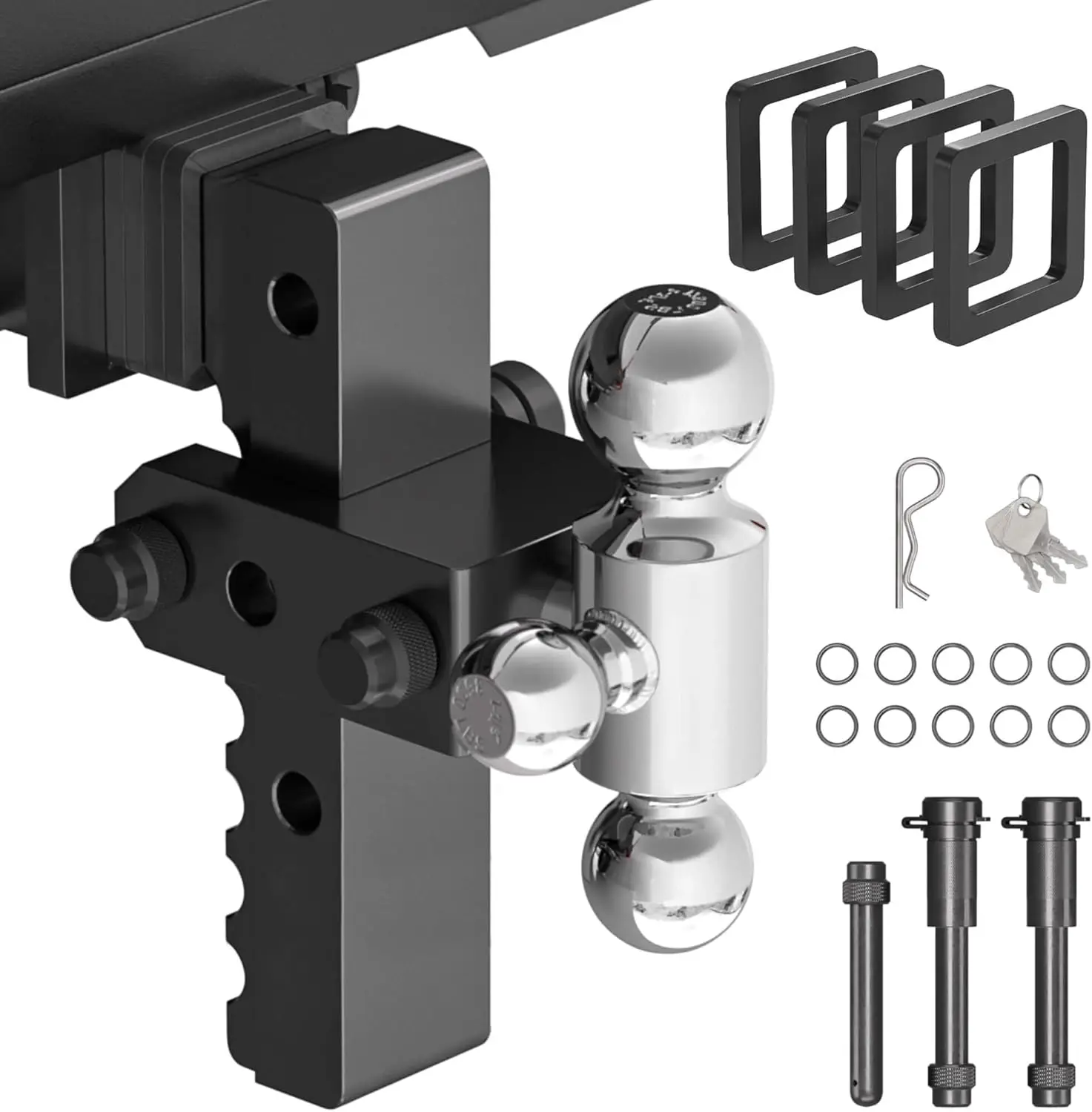 حامل كروي وصلة مقطورة قابل للتعديل، جهاز استقبال مناسب مقاس 2 بوصة، كرة ثلاثية (1-7/8 بوصة × 2 بوصة × 2-5/16 بوصة)، قطرة/ارتفاع 8 بوصة، 12500 GTW، شب عالي التحمل