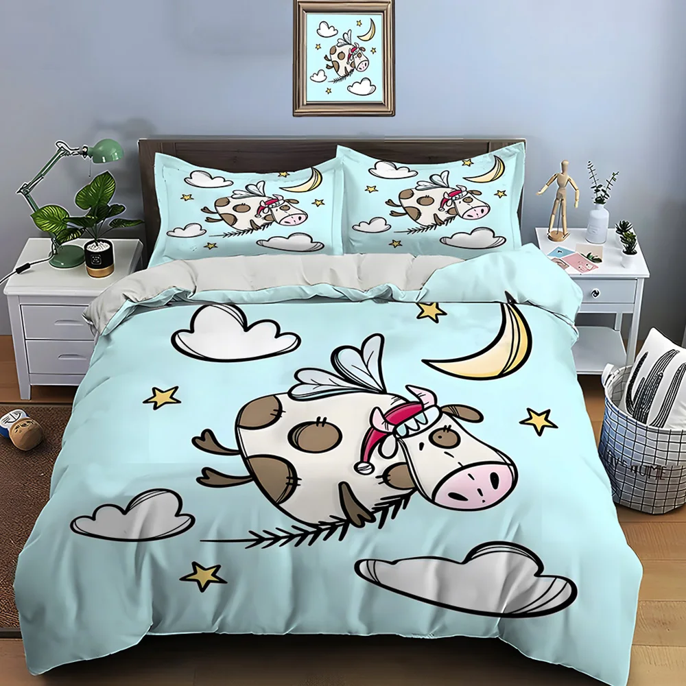 Flying cow with moon and stars Bedding Set for Kids Luxury Gift 3pcs Digital Print Comforter Set Soft Comfortable Breathable