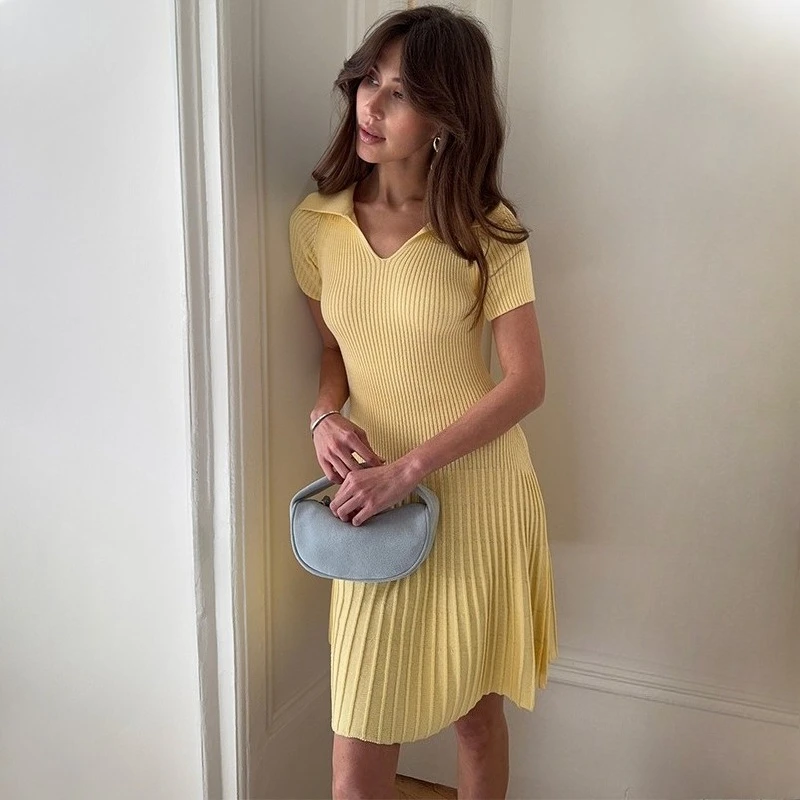

TARUXY Women Elegant Knitted Pleated Dress Solid Slim V-Neck Casual Commuting Knit Dress 2026 Summer Dating Fashion Dress Female