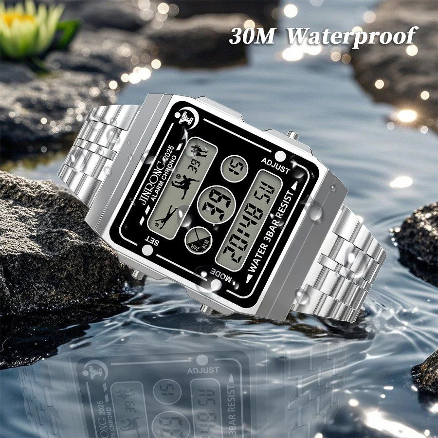 ساعة رياضية إلكترونية متعددة الوظائف من الفولاذ المقاوم للصدأ للرجال، مقاومة للماء حتى 30 مترًا، إضاءة ليلية LED ملونة، كرونوغراف