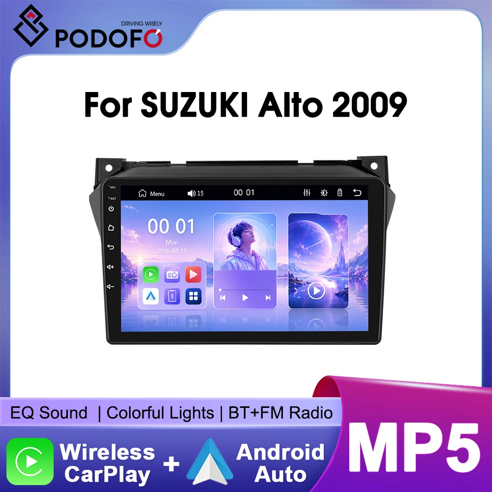 Autoradio stereo Podofo da 9 pollici per SUZUKI Alto 2009 con CarPlay wireless, Android Auto, Bluetooth, Mirrorlink, lettore multimediale video