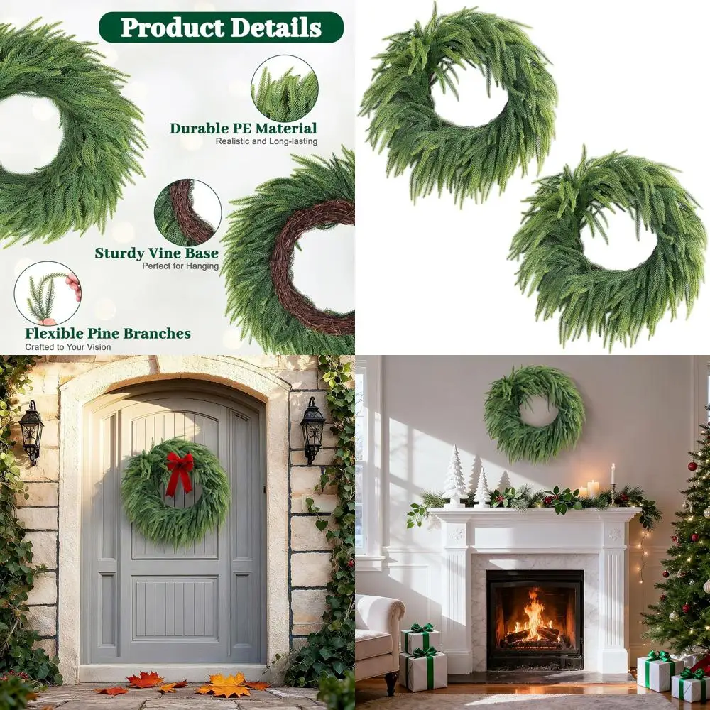 

Pair of 24 Artificial Norfolk Pine Wreaths - Lifelike Green for Door, Windows, and Outdoor Holiday Decor