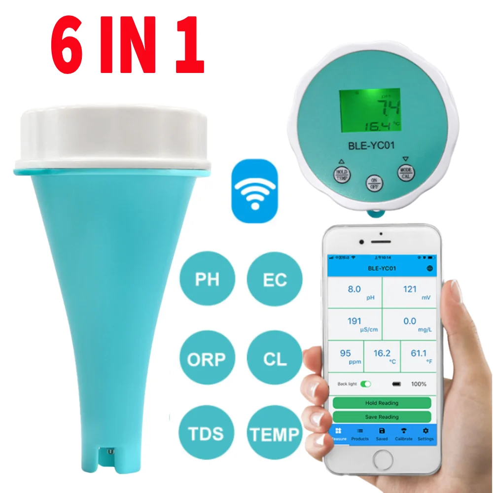 

6 in 1 Water Quality Test Meter APP Online Monitor Water Quality Detector BT PH CL TDS EC ORP TEMP Tester for Swimming Pool
