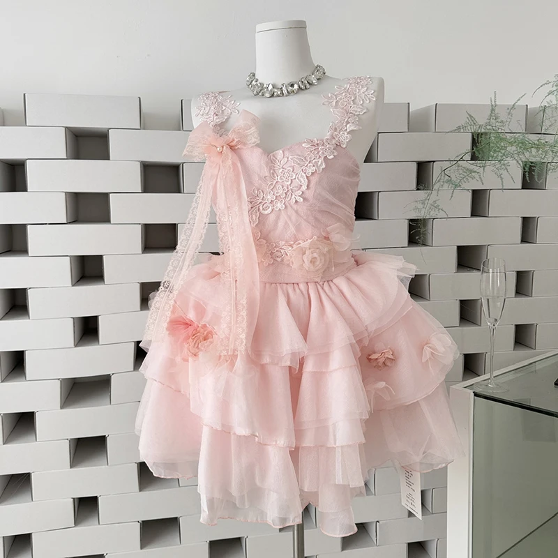 

Summer Women Tulle Prom Dress Elegant 3D Flower Lace Strap Mini Dress Evening Party Gown Wedding Guest Bridesmaid Short Dress