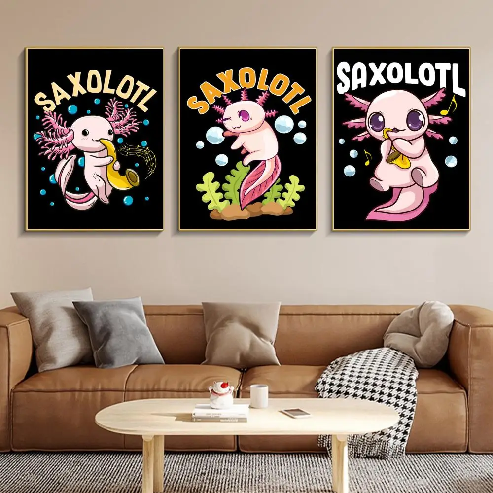 Cute Axolotl Art Poster Retro Print Poster Paper Waterproof High Quality Sticker Home Living Room Bar Wall Decoration