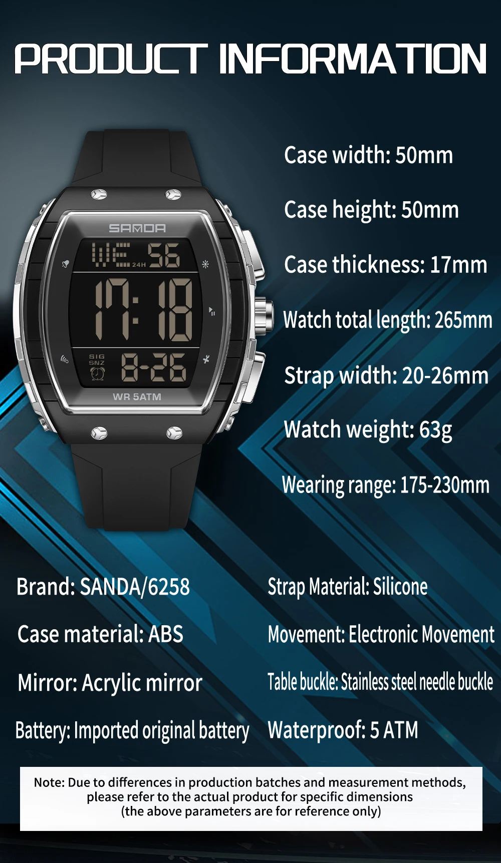 Fashion SANDA New 6258 ساعة إلكترونية للرجال رياضية متعددة الوظائف مقاومة للماء LED ساعة رقمية إلكترونية للرجال