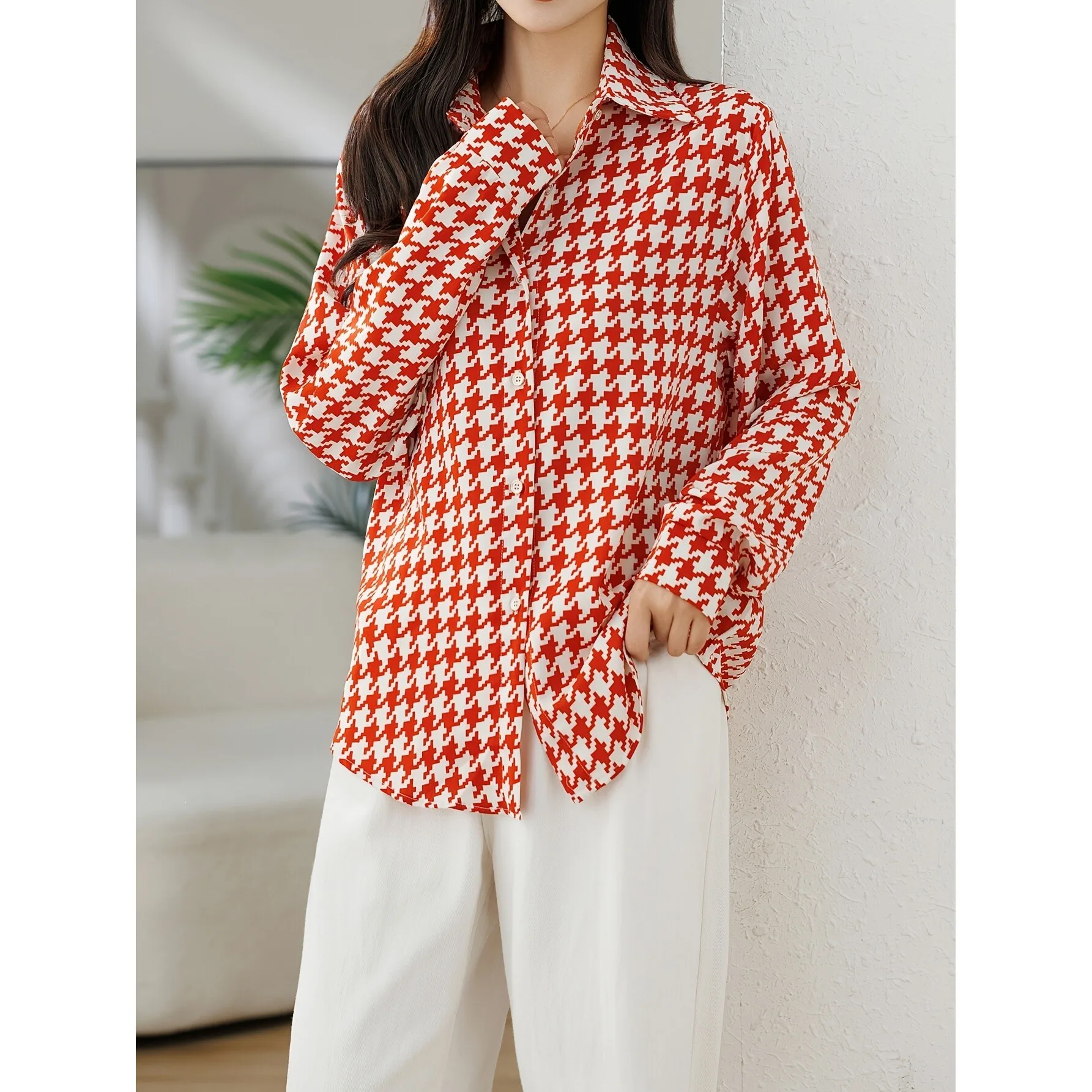 

Spring Checkered Shirt G 14266 Princess Sleeve Women's Premium Fashion Cross-Border Plain Check Design Non-Shrinking Other Ma...