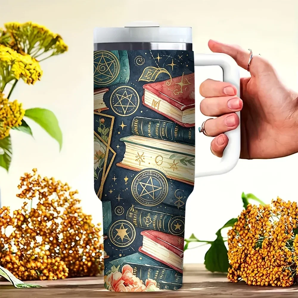 40oz Tumbler with Handle, Magic Book Themed Print, Perfect for Book and Magic Lovers, Fits Both Hot and Cold Drinks, Ideal for Daily Use and Outdoor Activities