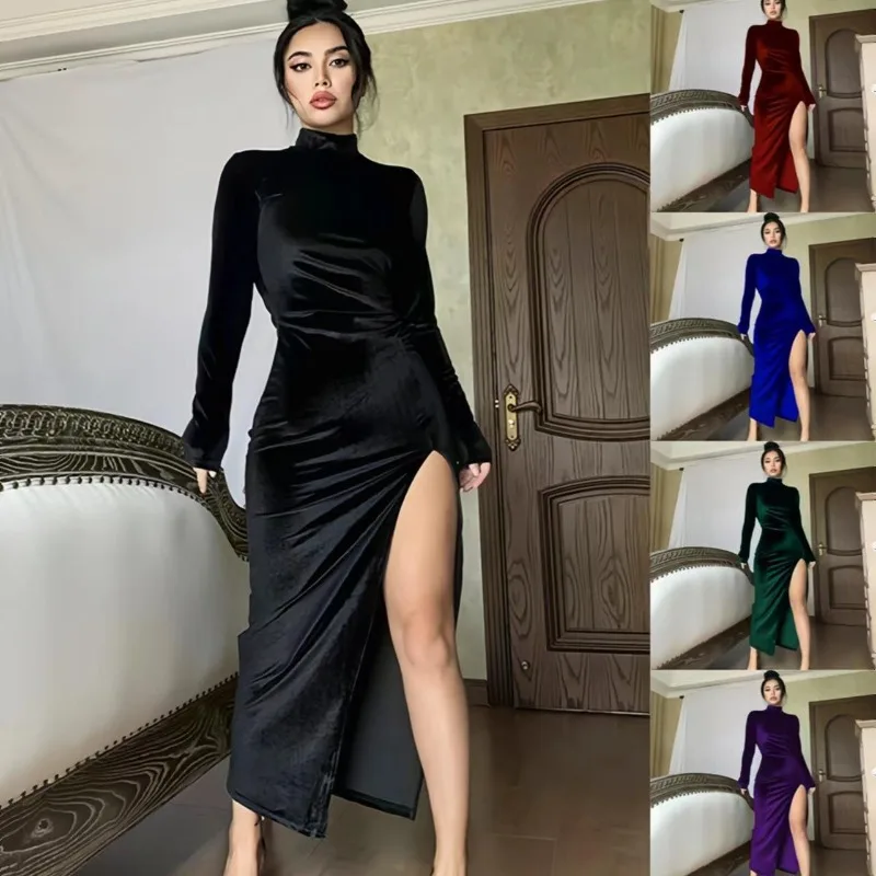 

Autumn and Winter High-neck Long Velvet Dress, Slim Fit Pleated Slit Dress, Women's Clothing
