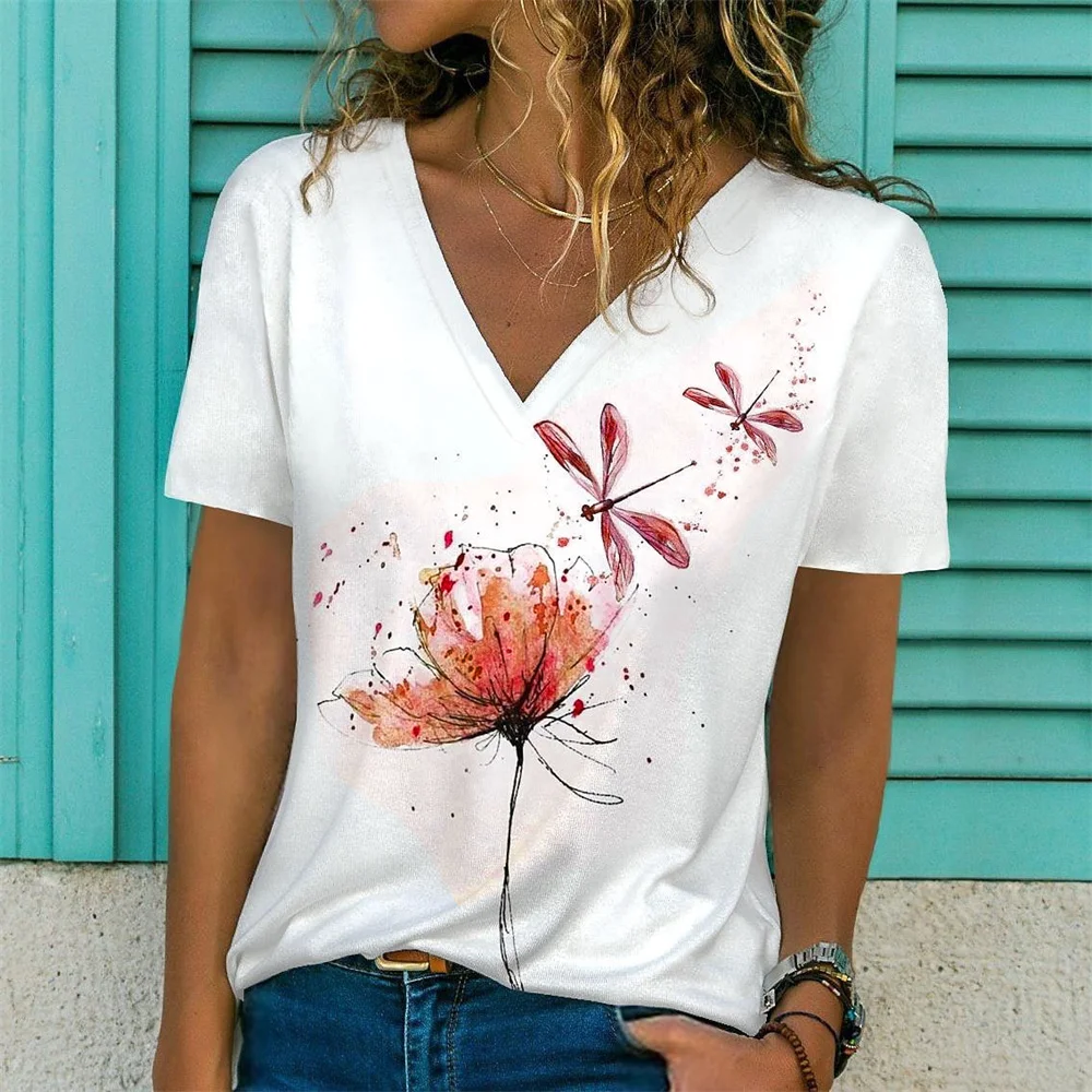 

Summer Ladies Breathable Short Sleeve V Neck Loose Women's T Shirt White Fashion Womens T Shirt Ink Flower Printed Blouse Casual