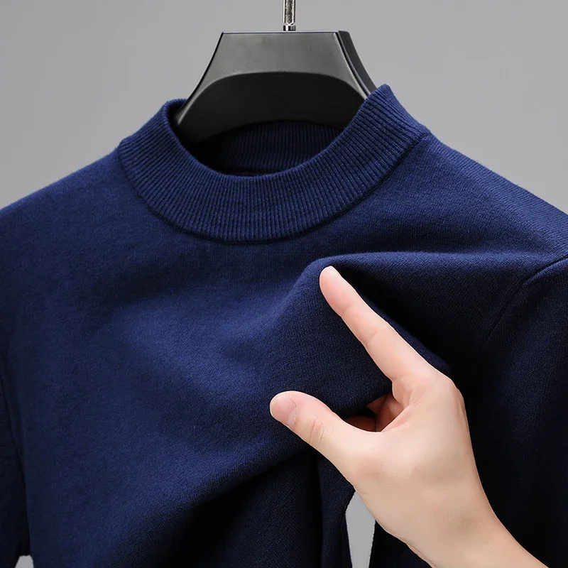 Sweter Rajut Setengah Turtleneck Kaus Leher Tiruan Musim Gugur/Musim Dingin Baru Pulover Warna Solid Pakaian Pria Kasual Merek Pria