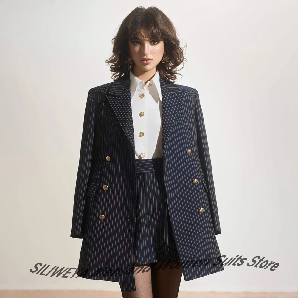 Navy Blue Pinstripe Women's Suit Double Breasted Jacket+Skirt 2 Piece Set Office Lady Workwear Business Formal Party Outfit