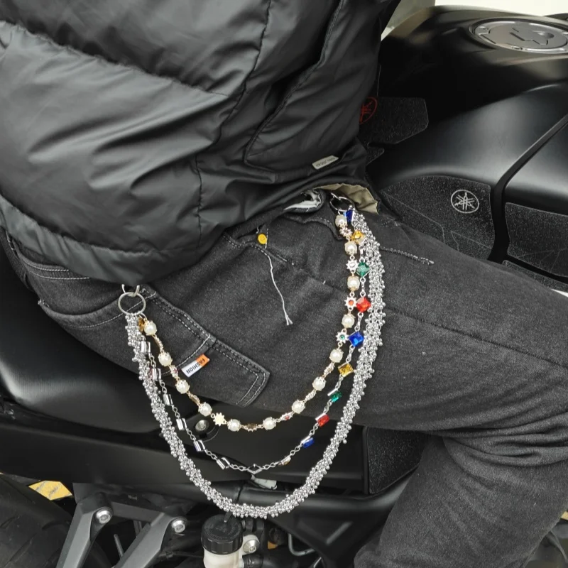 2025 New Model Pearl Pants Chain Three Layers Locomotive Chain Fashionable Men And Women Hip Hop Accessories Retro Keychain