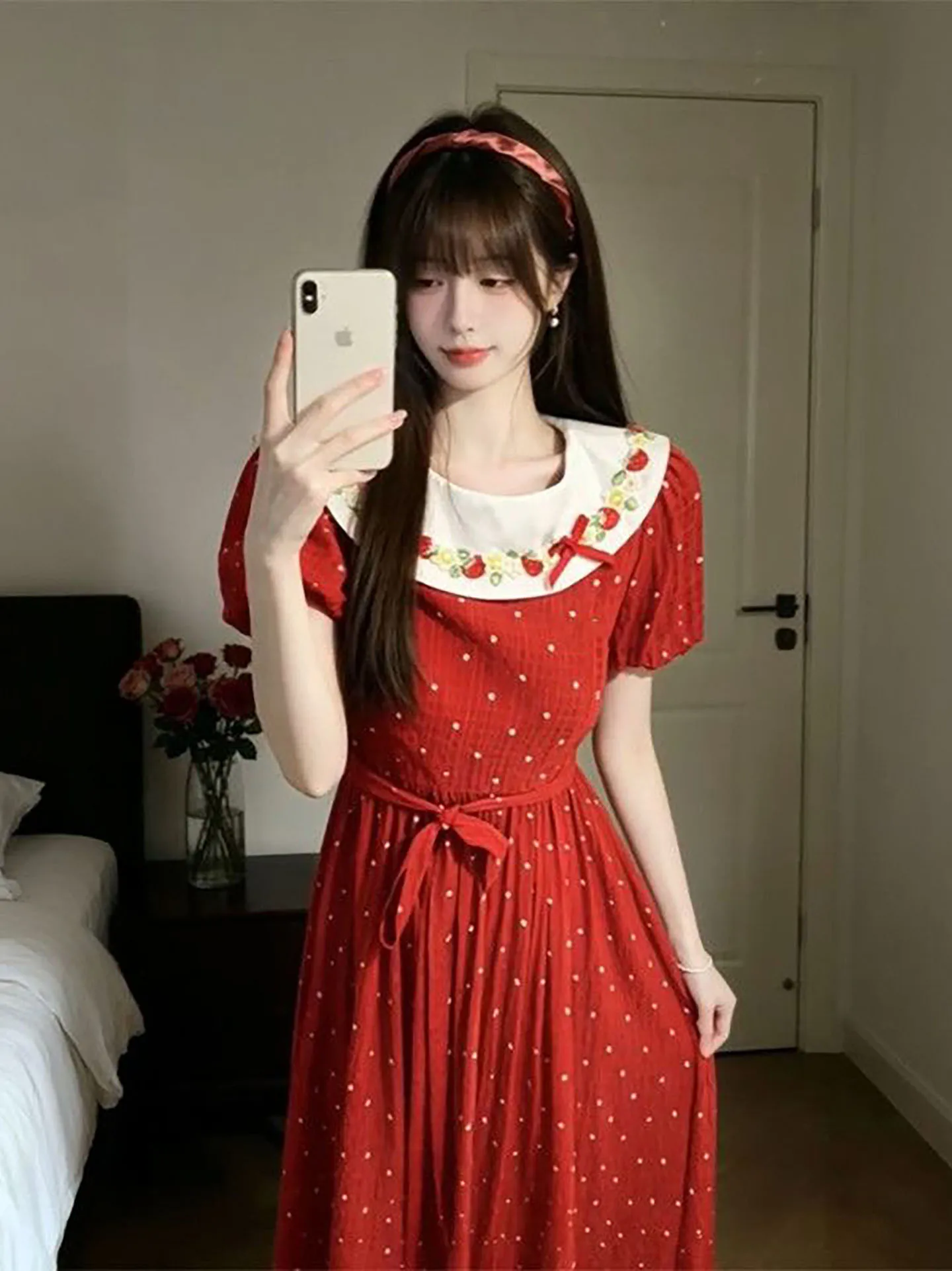 

Summer Elegant Sweet Red Polka Dot Waist-Cinching Slimming Dress Vintage Atmosphere Absolutely Beautiful Ladylike Gown