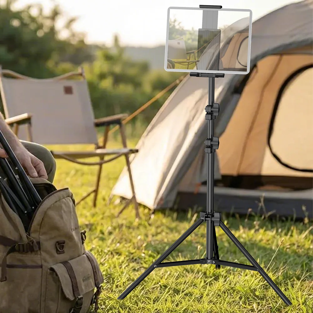 Floor Standing Tripod Stand for Tablet and Smartphone Portable Adjustable Height Holder for Video Recording Live Streaming Easy