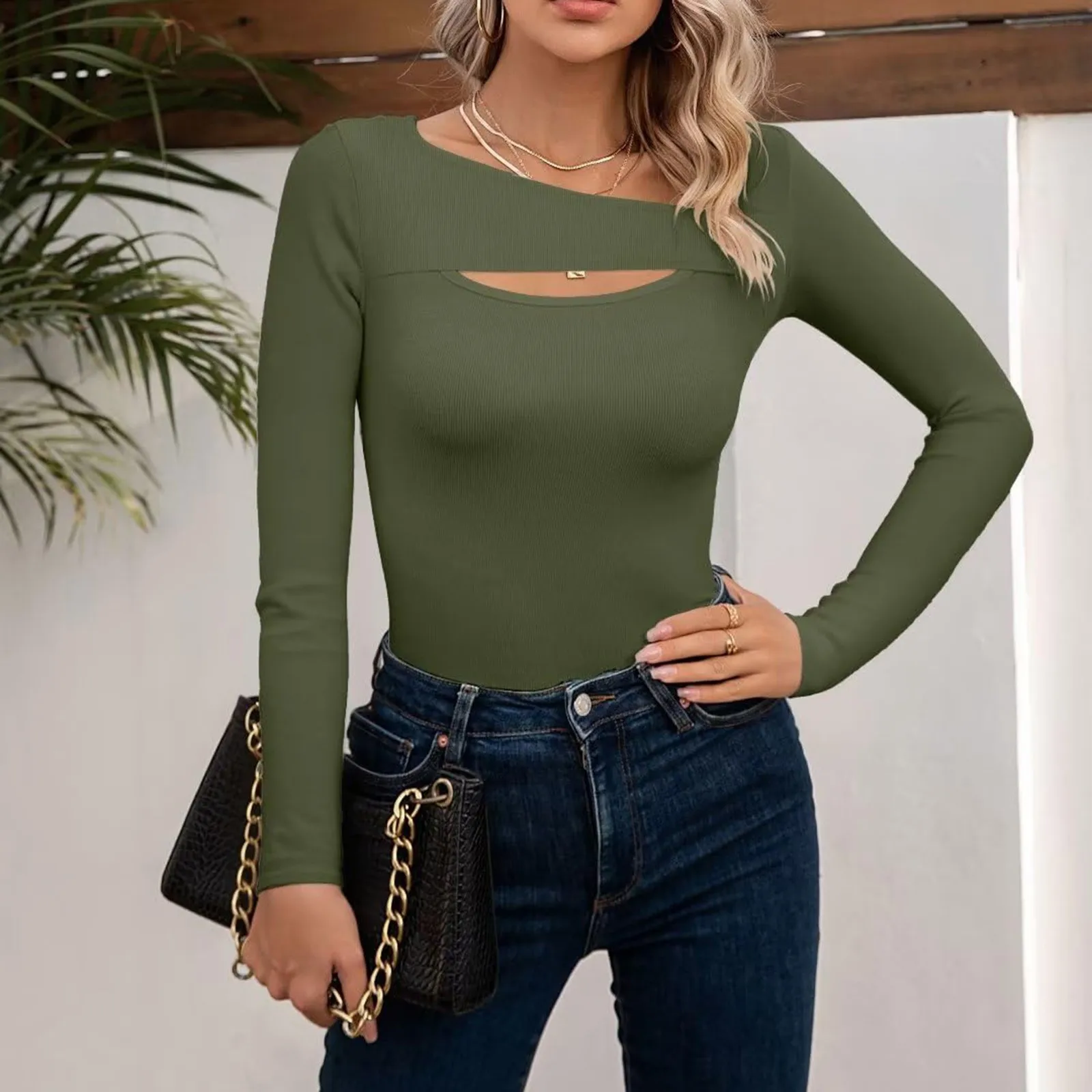 

Spring And Autumn Women's T Shirts Hollow Out Solid Color Long Sleeved Knitted Tee Tops Casual Slim Fit O Neck Fashion T-shirt