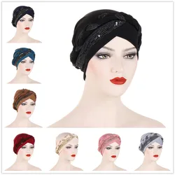 Solid Color Sequin Braided Hijab Turban Cap Ramadan Headwrap Elegant Head Scarf Lightweight Bonnet Beanies