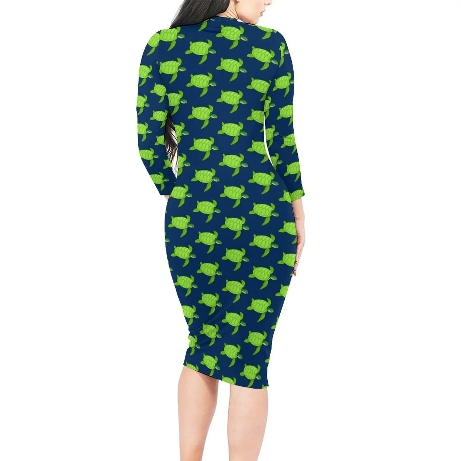 Green Sea Turtles Bodycon Dress Womens Animal Elegant Dresses Autumn Long Sleeve Street Fashion Graphic Dress Big Size 4XL 5XL