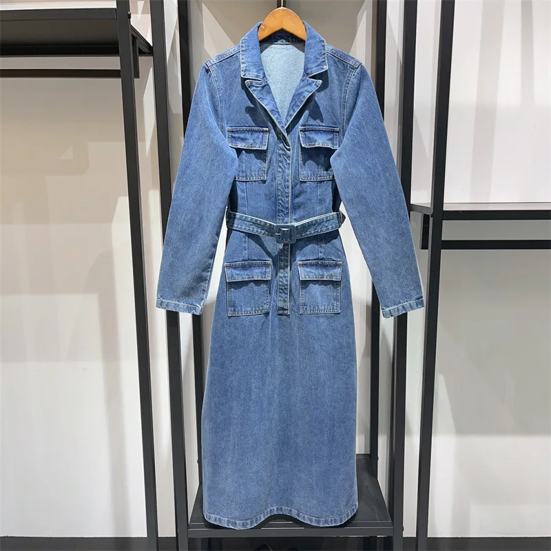 

Women's Denim Dresses Notched Pockets Waistband 2024 New Ladies Retro Lonbg Sleeve Long Robe