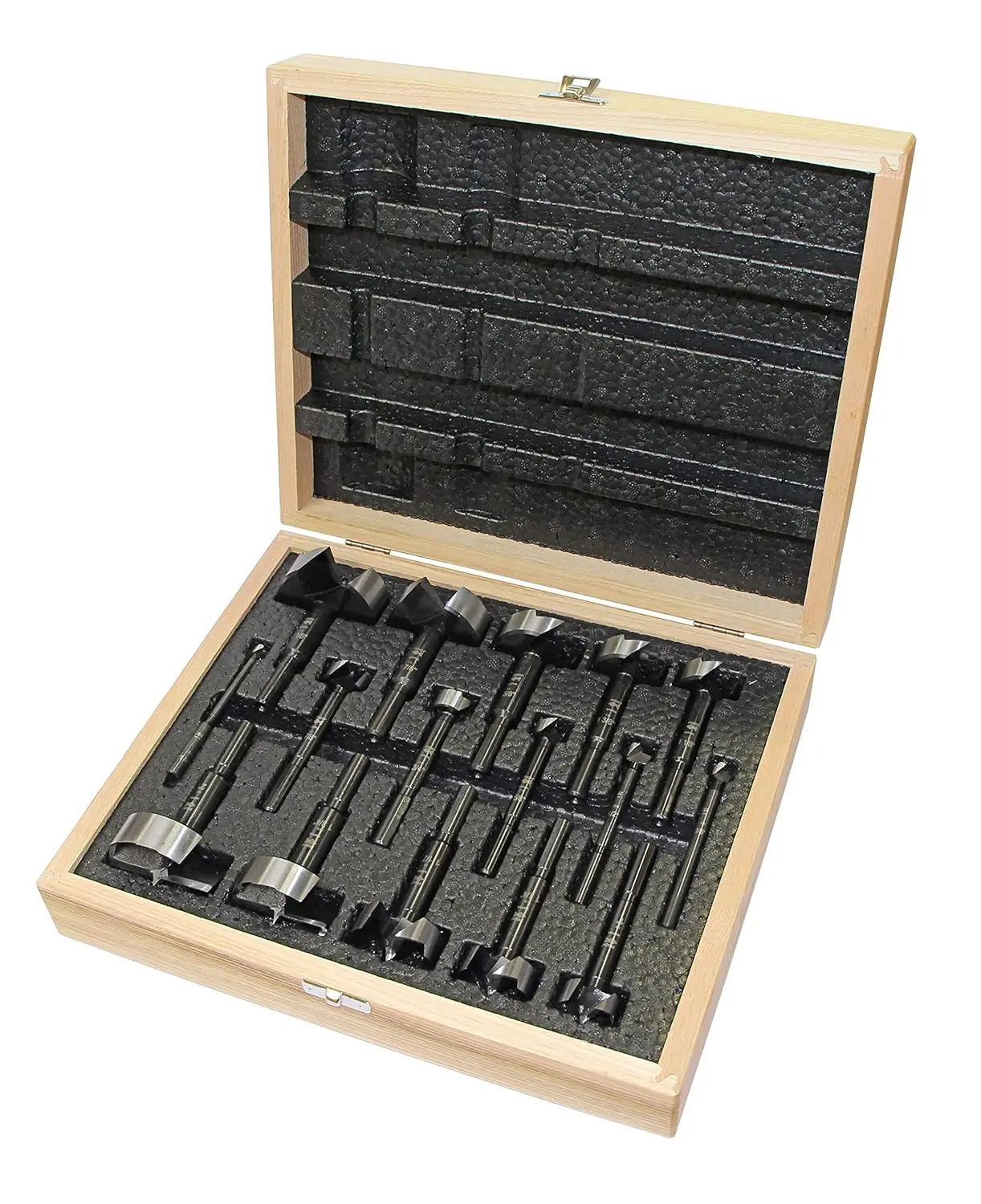 16 Piece Drill Bit Set Custom Wooden Box Includes Bits from 1/4-inch up to 2-1/8-inch Diameter Forged Steel