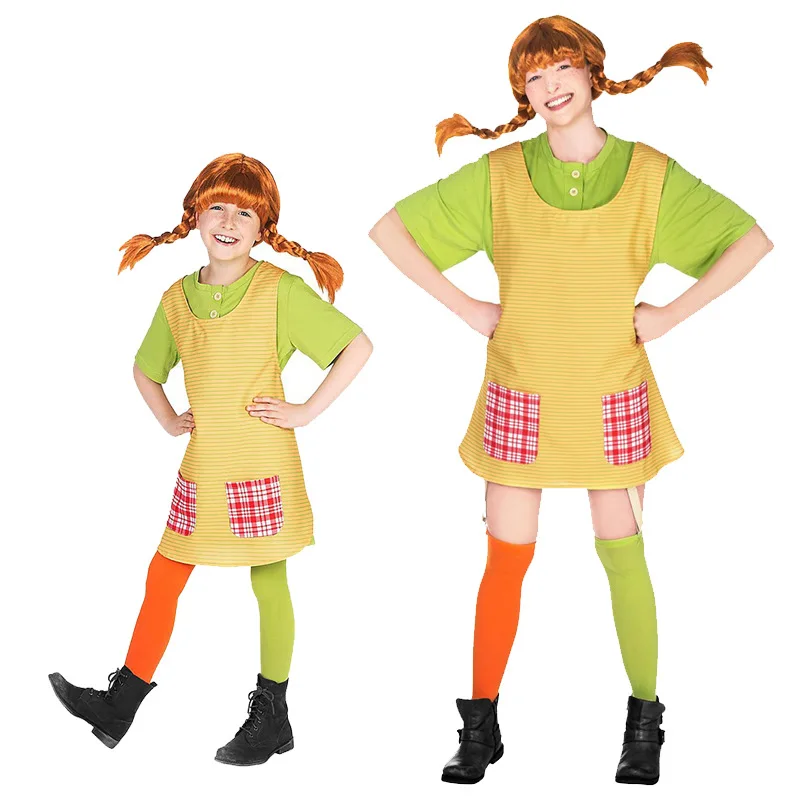 Eltern-Kind-Strümpfe, Pippi-Cosplay-Kostüm, Halloween, Karneval, Feiertagsparty, Performance-Kostüm, Rock, Schal, Socken-Set