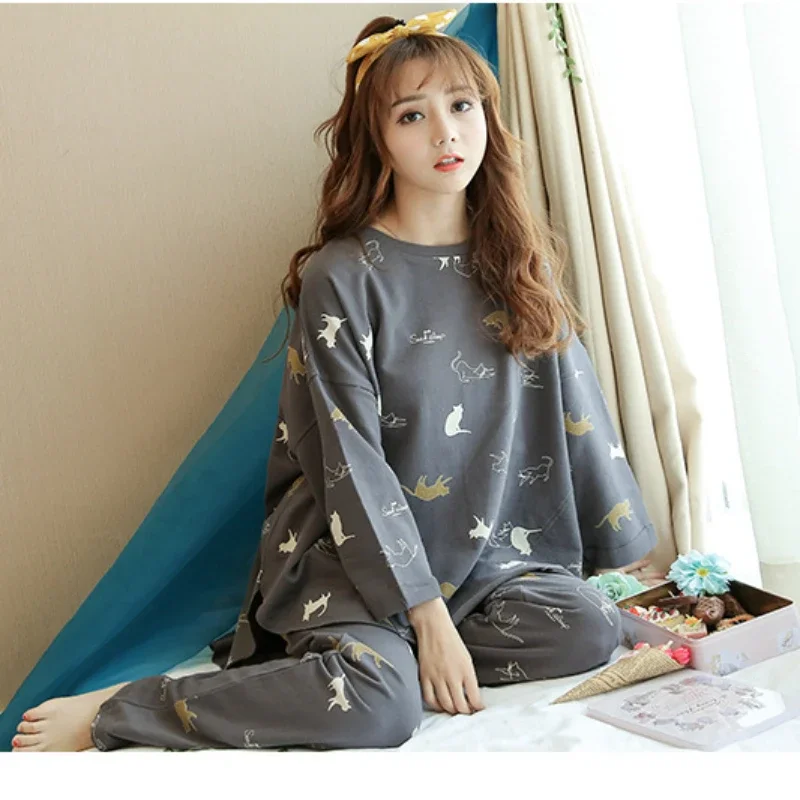 Cartoon Cotton Pajamas Women\'s Spring and Autumn Models Long-sleeved Home Service Women\'s Simple Loose Casual Suit Large Size