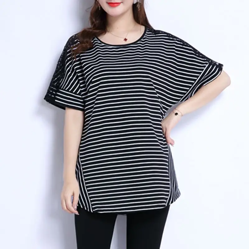 Vintage Lace Patchwork T Shirts Summer New Short Sleeve O-Neck Hollow Out All-match Striped Tops Casual Fashion Women Clothing