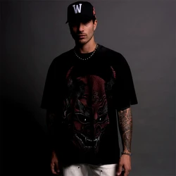 MASK Print US SIZE S-XL Summer New Japanese ONI 100% Cotton 230G Oversized Men Women Clothing Summer T-shirts Hip Hop Tops Tees