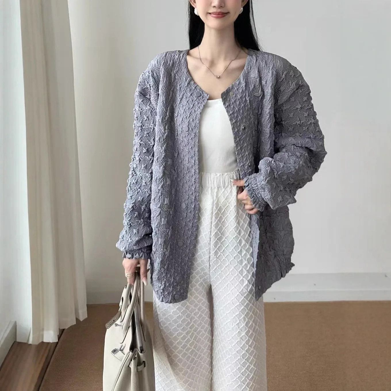 Miyake Pleated Jacket Women's Autumn 2025 New Versatile Single Piece Pleated Top Women's High-end Embroidered Cardigan Stylish