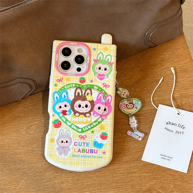 Kawaii الكرتون الأرنب ثلاثية الأبعاد قضية الهاتف المحمول آيفون 16 برو 15 14 13 برو ماكس غطاء مع الحب مرآة حامل حامل حالات سحرية