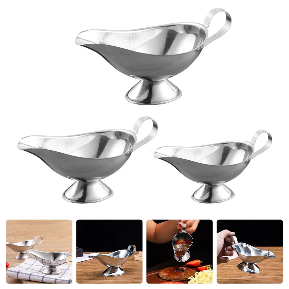 

3pcs Stainless Steel Sauce Boats Seasoning Dispensers Kitchen Gravy Containers Drip-Free Handle Condiment Bowls For Home