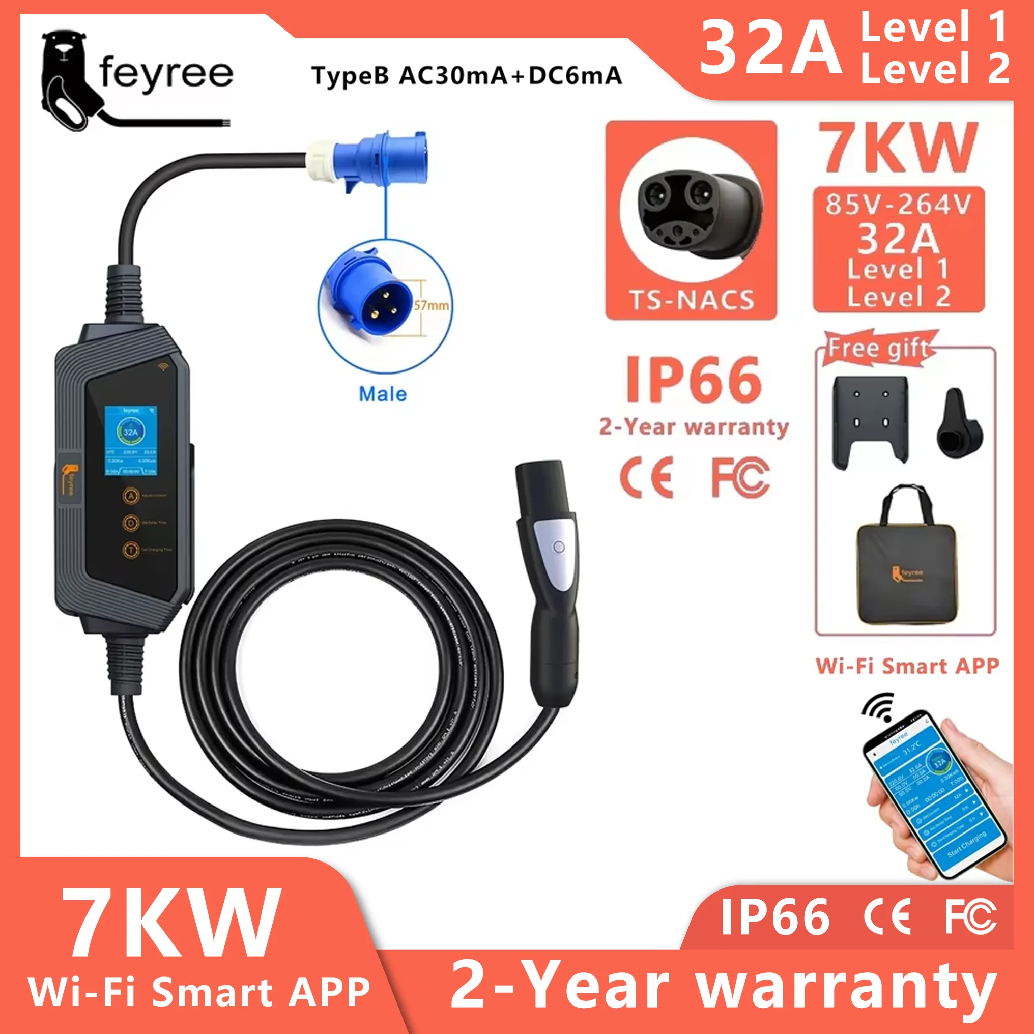 feyree Portable EV Charger with Tesla NACS Connector 32A up to 50A 12kw High Power EV wallbox with APP WIFI for All Tesla Models