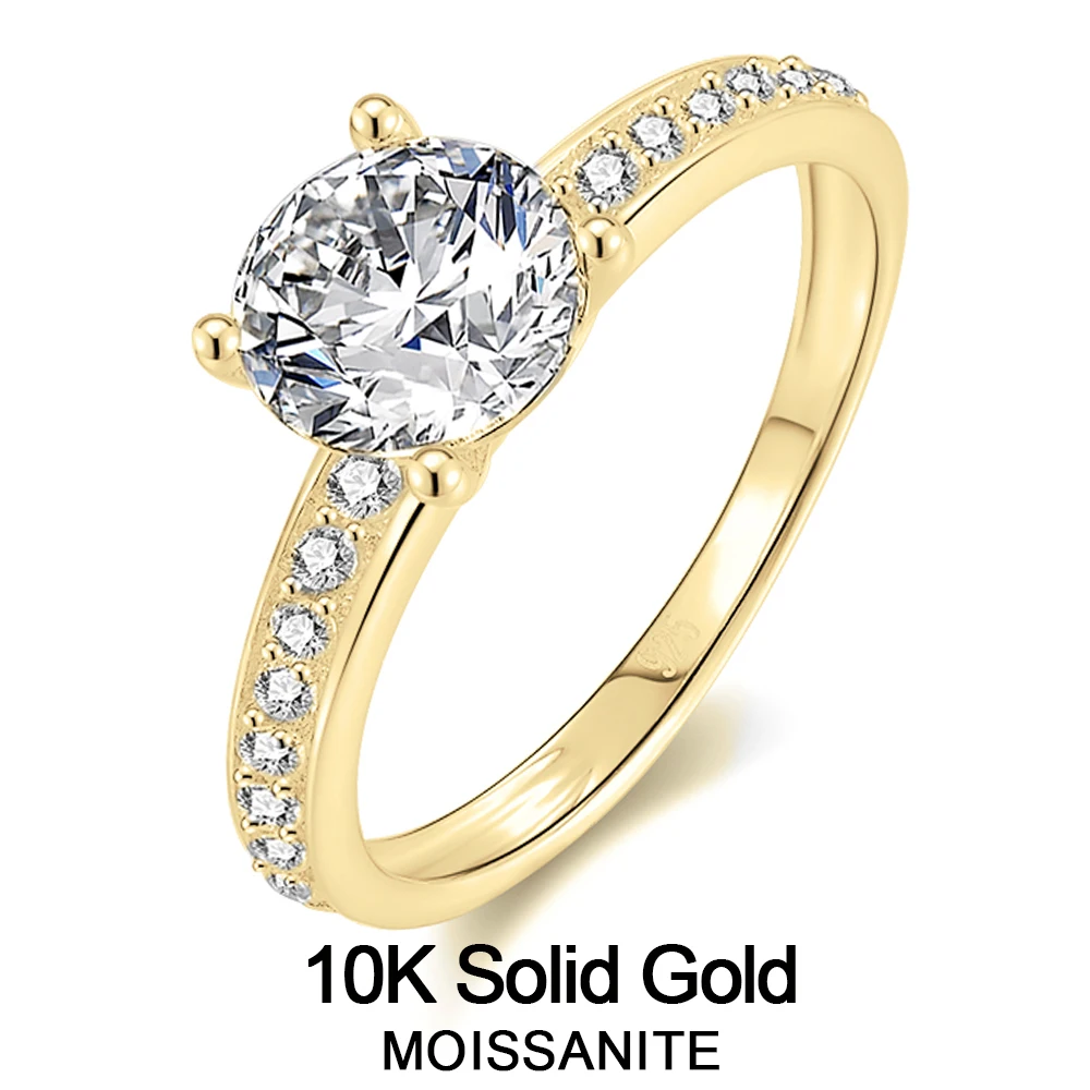 Lnngy 10K Pure Real Gold Engagement Ring Round Cut 1.2CT All Moissanite Solitare Rings For Women Couples Delicate Daily Jewelry