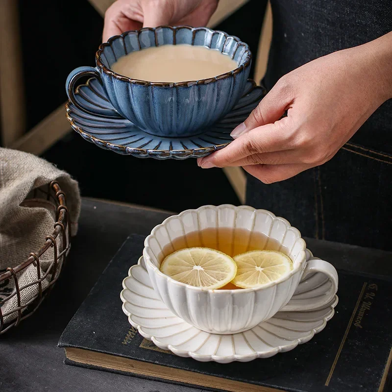 Japanese Vintage Ceramic Coffee Mug Creative Shaped Coffee Cup Home Couple Mugs Saucer Set Simple Retro Afternoon Office Tea Cup