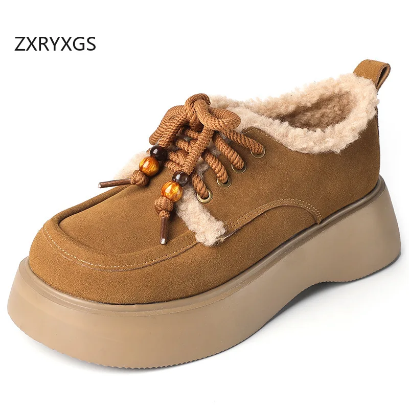 

ZXRYXGS 2025 Top Layer Cow Suede Leater Warm Short Boots Snow Shoes Wedges Thick Sole Increase Boots Women Cotton Boot Big Size