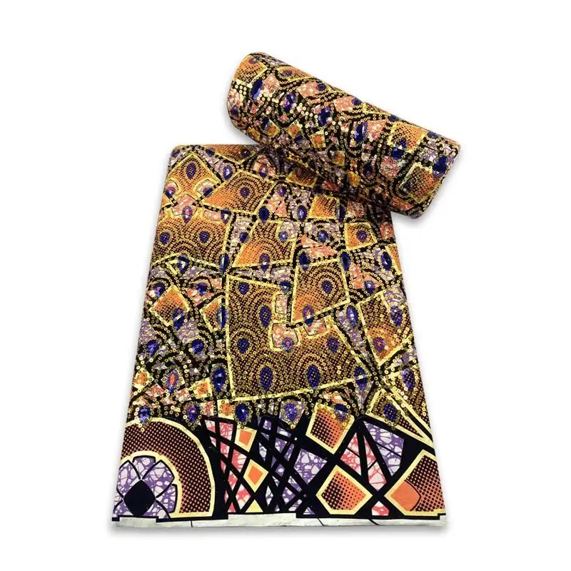 Tela con estampado de cera de Ankara nigeriana, 100% algodón, bordado completo, bloque de lentejuelas, tela de vestido africano para fiesta F 8-12