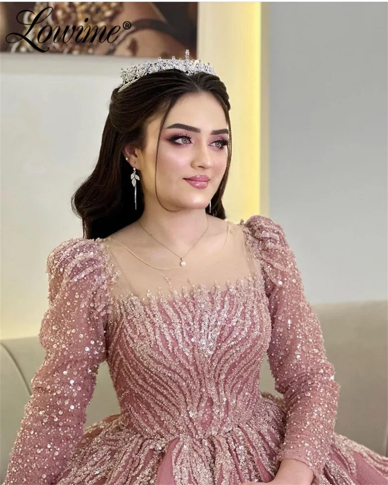 Abendkleider Turkish Evening Gown Formal Pink Long Sleeves Muslim Wedding Dress Plus Size Arabic Dubai Sequined Beads Prom Dress