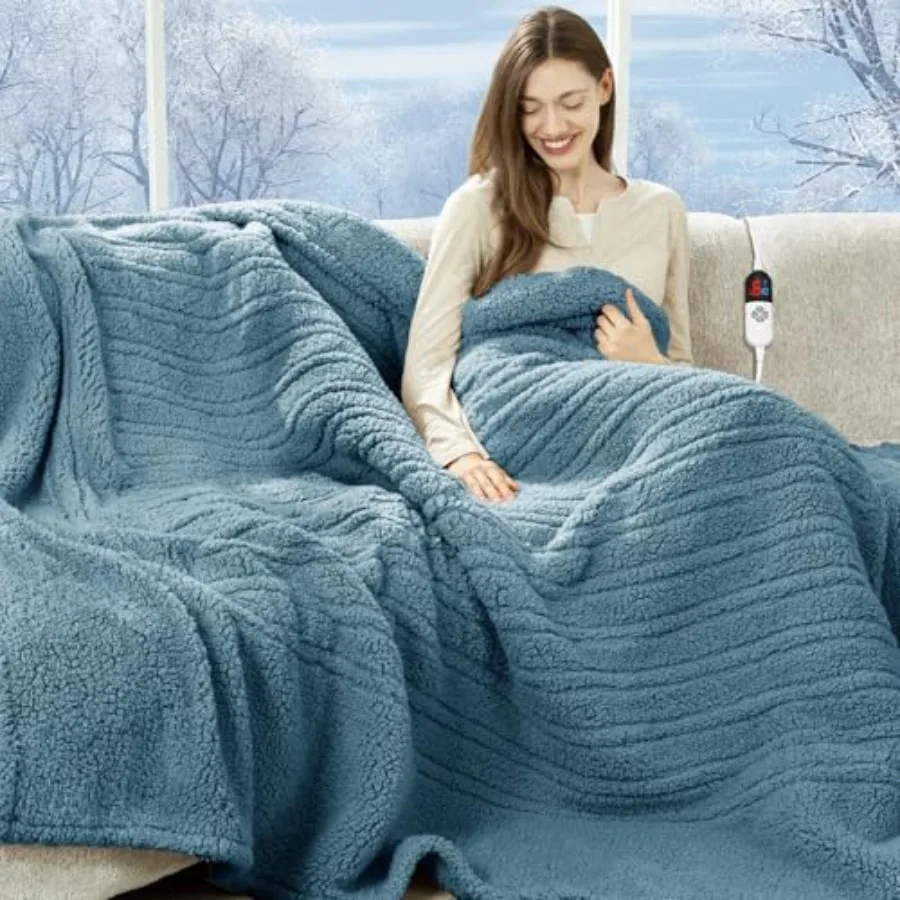 

Electric Blanket Full Size 72"X84" Blue - Soft Double Sided Sherpa Heated Blanket Full Size with LED Display 6 Heating Levels a