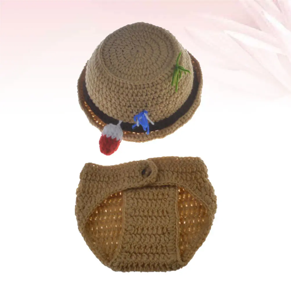 

2Pcs Handmade Wool Knitted Baby Photo Outfit Set Newborn Photography Costume with Fisherman Hat Pants Unisex Soft Stretchy