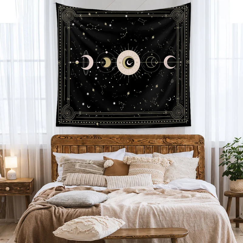 VIKAMA Black Gold 5 Moon Phase Tarot Altar Cloth 3-Card Spread Divination Mat Astrology Starry Tapestry Witchcraft Wiccan Ritual