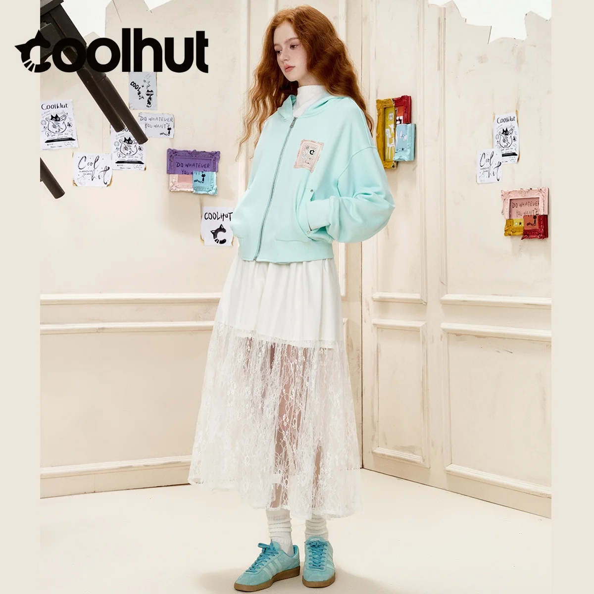 Coolhut 2025 feminino vintage estilo americano com capuz impresso cardigan jaqueta solta ajuste frente aberta design exclusivo nicho outono outerwear