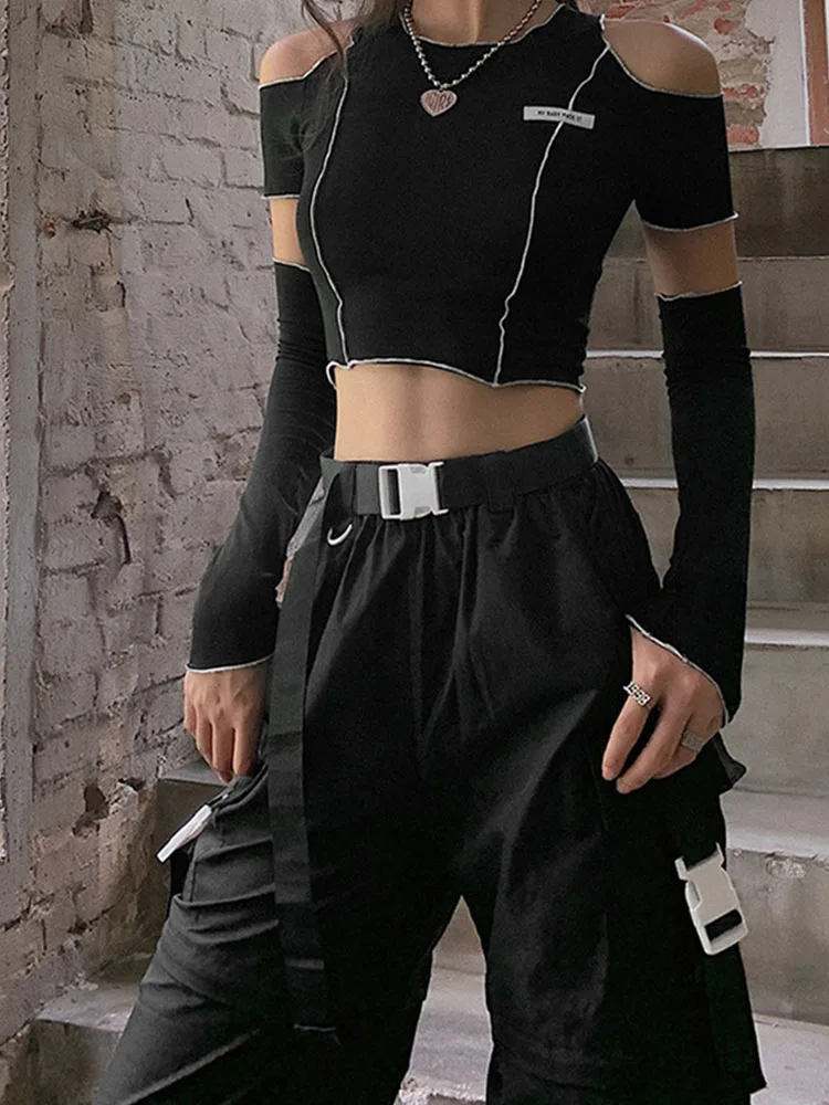 Patchwork Black T-shirts Gothic One Shoulder Sleeve Y2k Crop Tops Ruffles Hem Hip Hop Techwear Women Tees