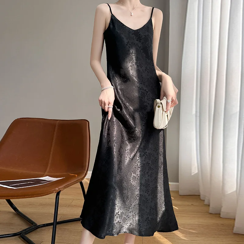 High-Grade French Style V Collar Acetate Sling Female Summer New Printed Overknee Dress Satin Black Skirt